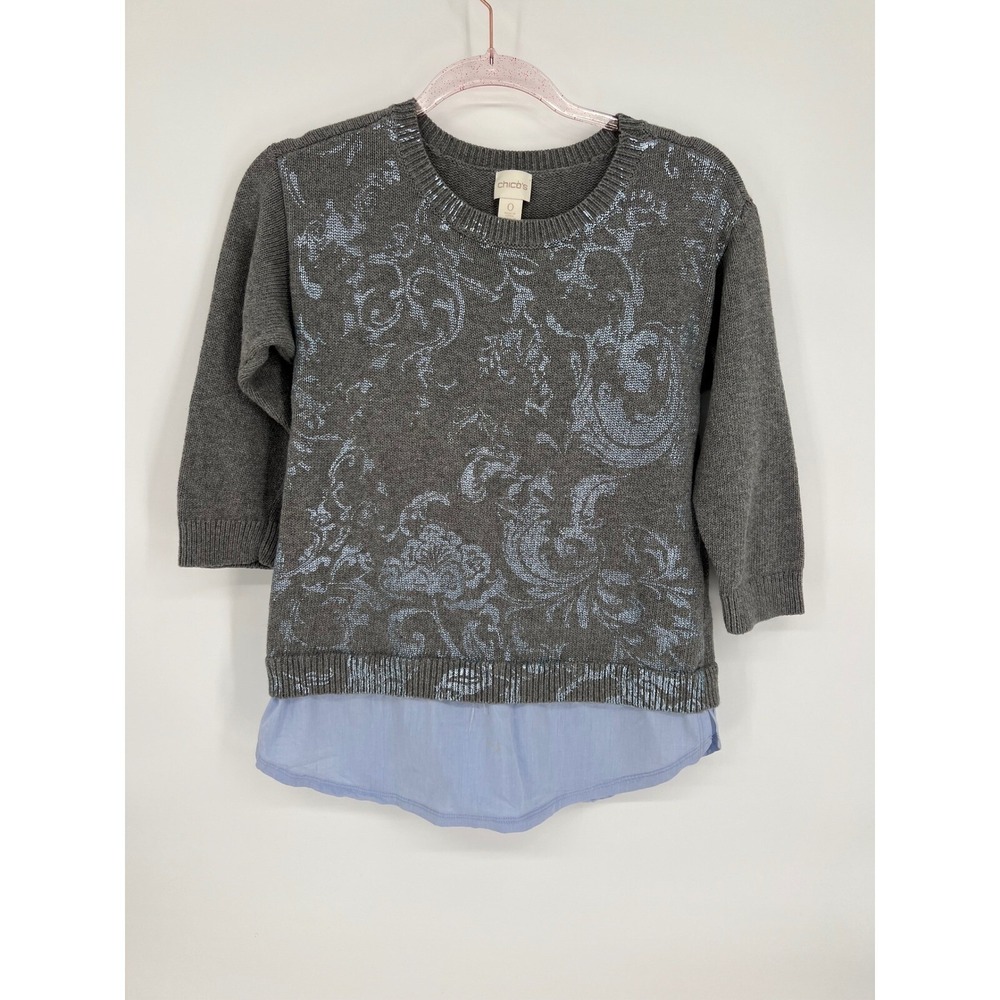 Chico's Floral Sweater Knit Top 3/4 Sleeve Gray Pullover Size 0 (Sz Small)